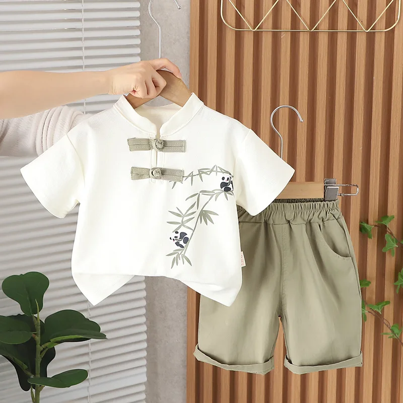 Kids Baby Boy 2 Piece Set 2024 Summer Chinese Style Turtleneck Print Short Sleeve Shirts and Shorts Infant Boys Clothes Outfits