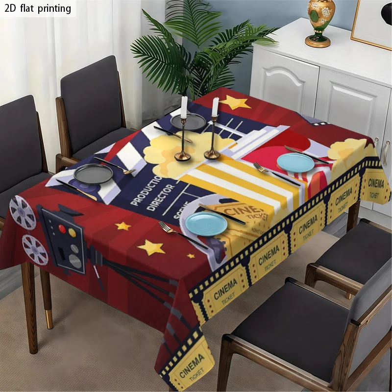 Vibrant Movie Theater Theme Tablecloth Waterproof Picnic Blanket for Dining Room Party Decor