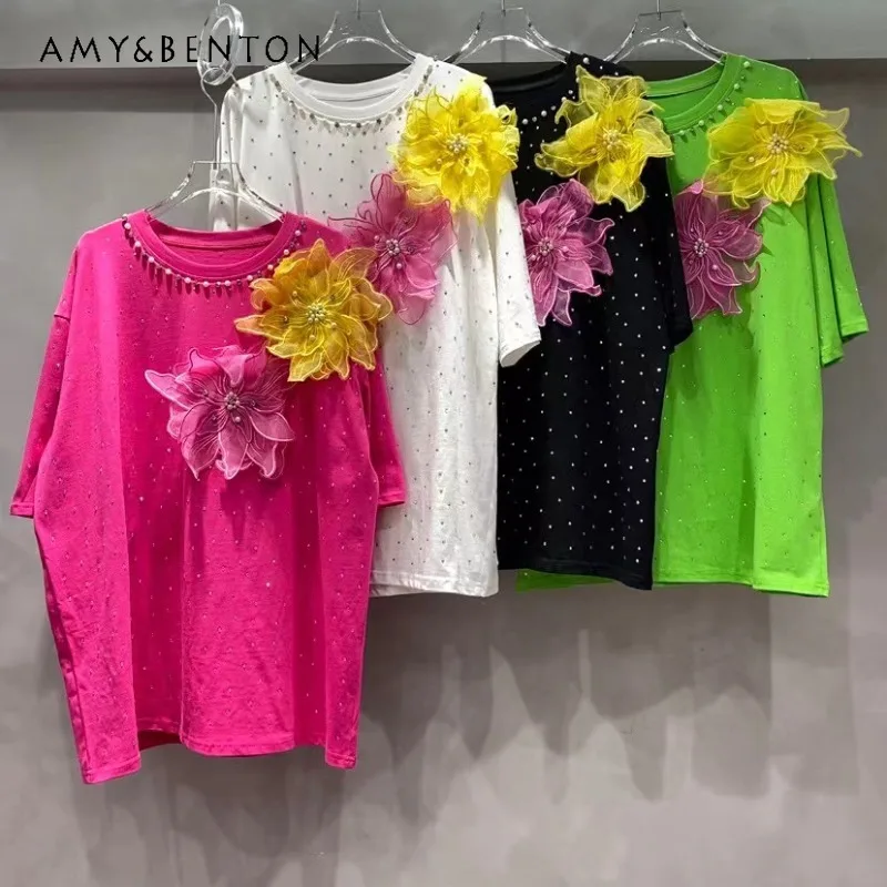 Summer New Unique Design T-shirt Half Sleeves Diamond Drills Three-Dimensional Large Flower Younger Fashion Casual Loose Women