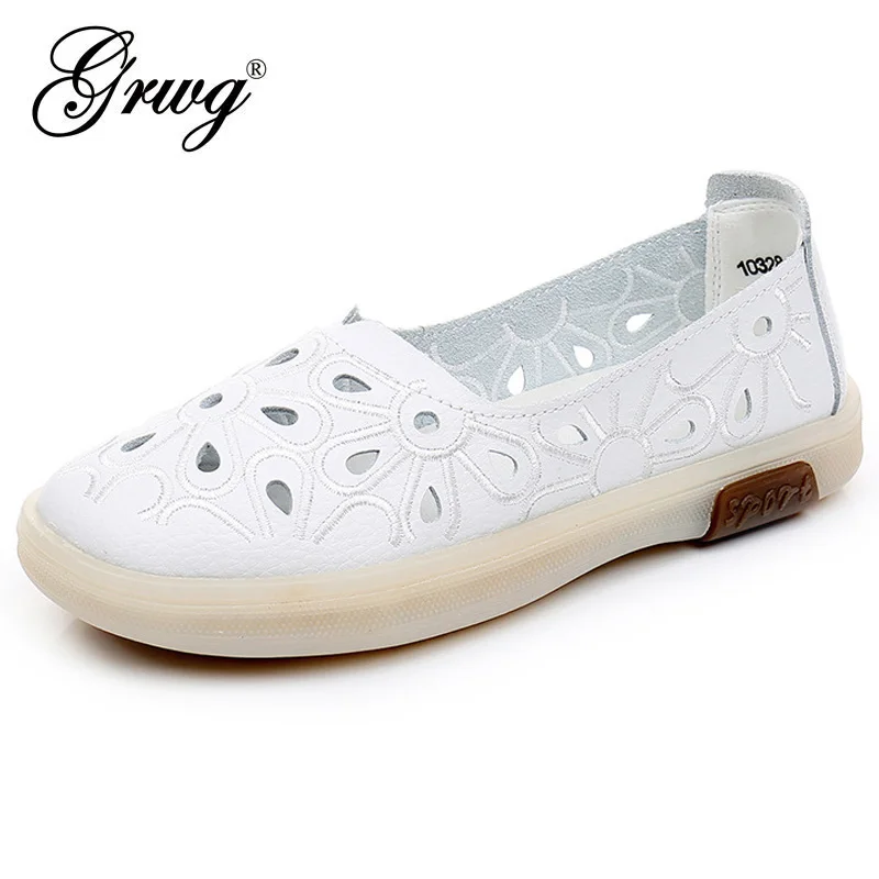 

GRWG 2023 Women Sneakers Real Leather Fashion Hollow Out Loafers Summer Woman Slip On Casual Daily Lady Footwear Plus Size 35-41