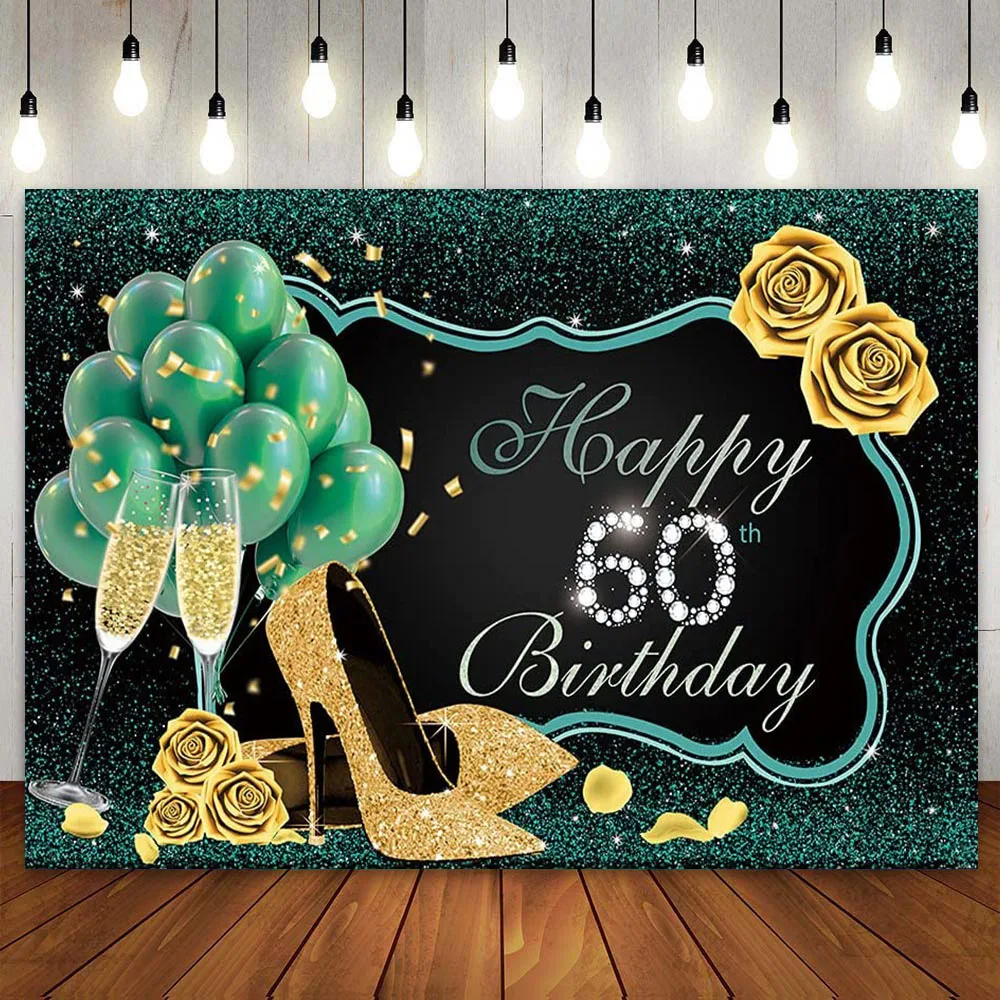 Happy 60th Birthday Party Decoration Backdrop Dark Green Gold for Women Sixty 60 Years Old Cake Table Banner Booth Background