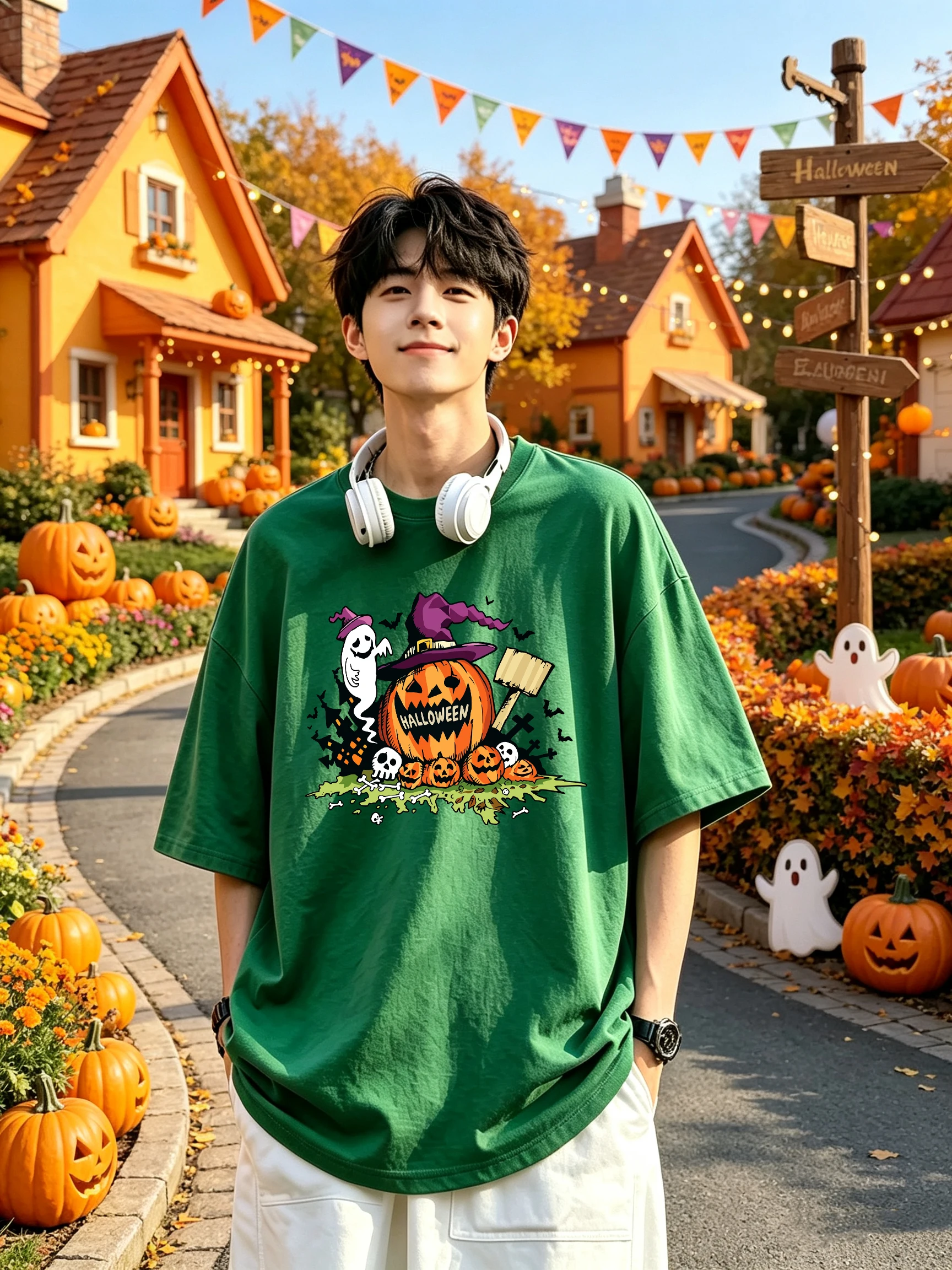 Halloween Graveyard Pumpkin Prints Casual Fashion T Shirt Mens Cotton All-Match T-Shirt Loose Summer Clothes O-Neck Short Sleeve