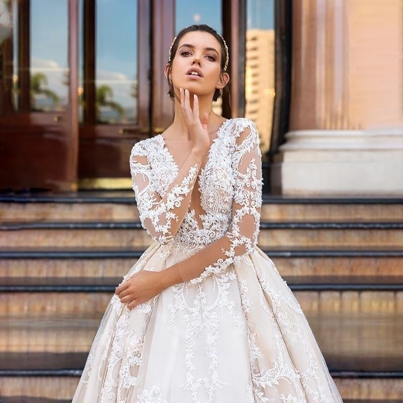 Vestidos luxuosos de noiva princesa para mulheres, decote em v, manga comprida, rendas, vestidos de casamento, 2023