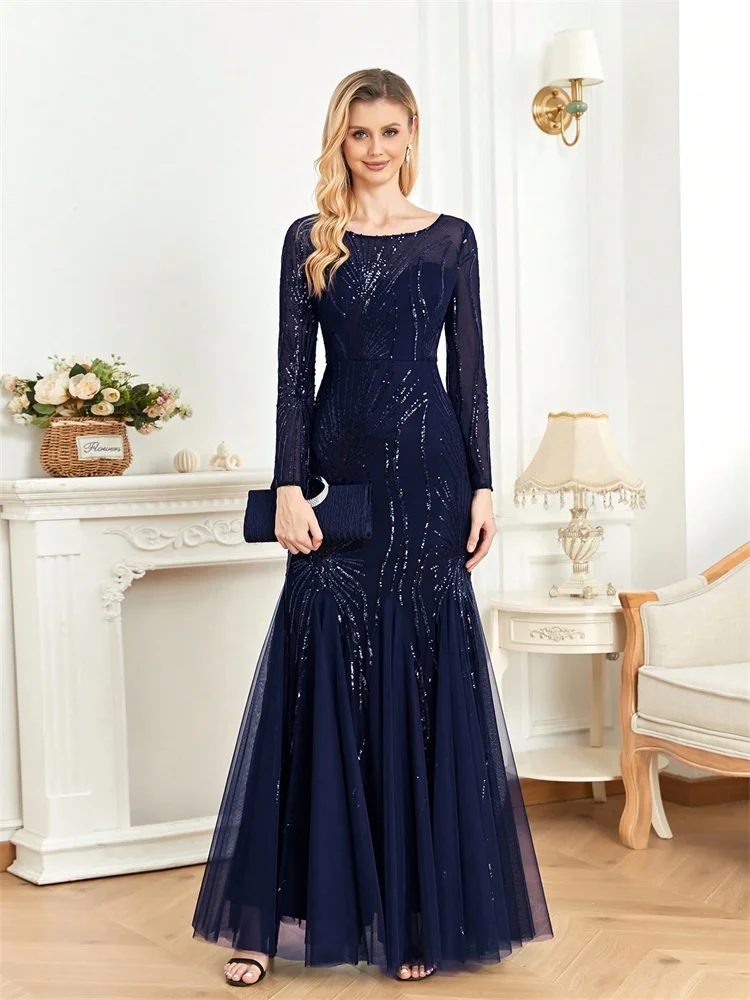 

Elegant Long Sleeves Sequin Tulle Evening Dresses 2025 Women Luxury Mermaid Formal Bridesmaid Party Maxi Prom Dress