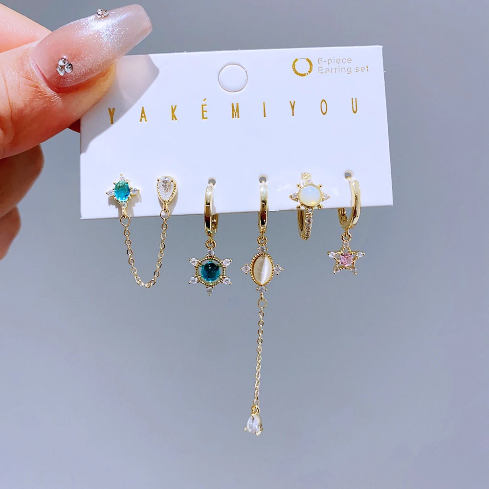 MIGGA 6pcs Mix and Match CZ Stone Star Dangle Earrings Set Gold Plated Women Huggie Earrings Jewelry