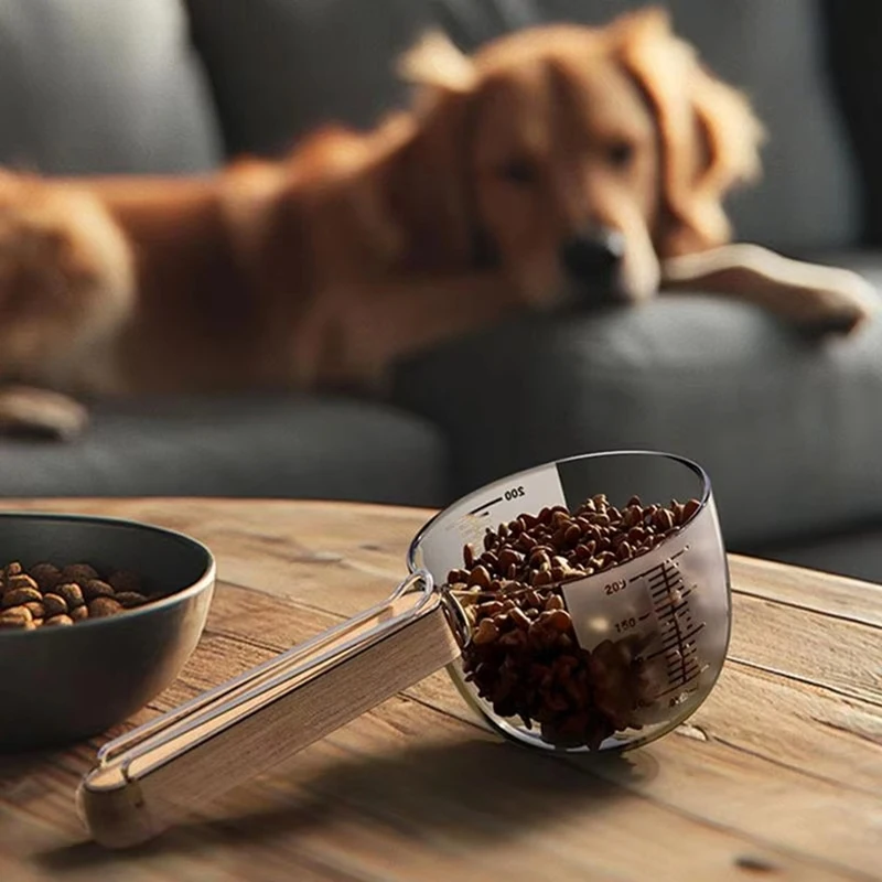 Copo de medição para animais de estimação, com clipe de vedação, design para cães e gatos, colheres de alimentos secos ou molhados, cabo de madeira, escala de precisão, suprimentos para animais de estimação
