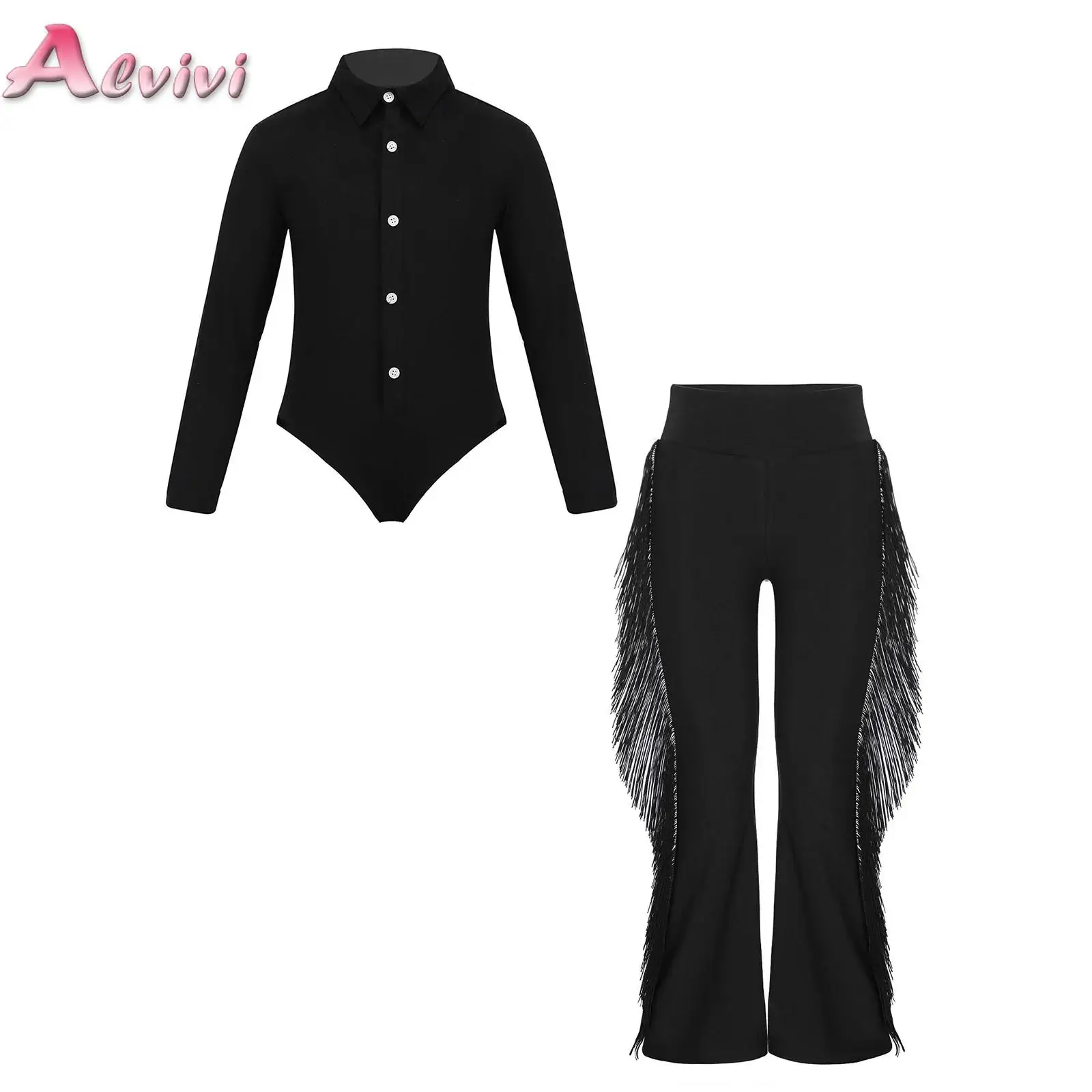 

Kids Boys Latin Dancwear Set Ballroom Tango Rumba Dance Performance Costume Long Sleeves Leotard with Tassels Bell-Bottom Pants