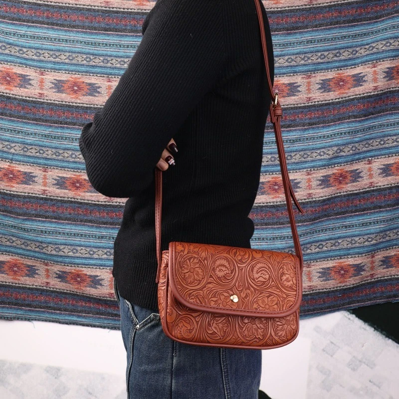 Tas Selempang Wanita Kulit Model Lipat Klasik Bentuk Kotak Kecil Motif Bunga Fashion 2025, Tas Multifungsi untuk Kerja