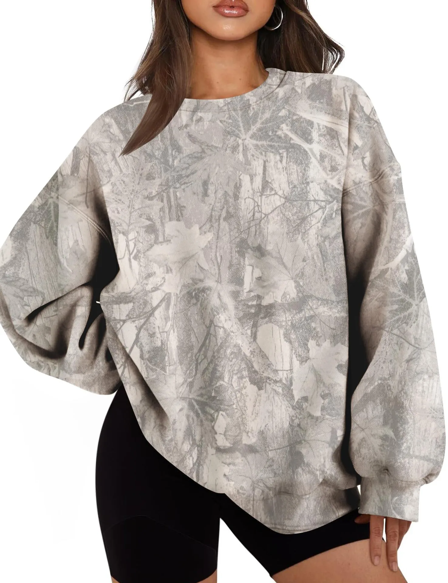 Printed Loose Fit Hoodie with Plant Floral Pattern Mid Length Streetwear No Hood Casual Long Sleeve Pullover Women Hoodie