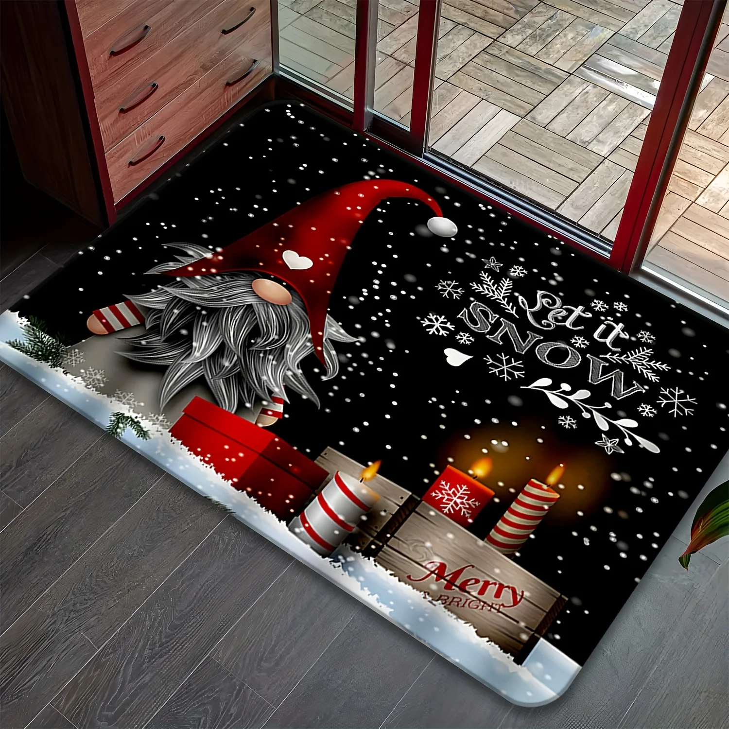 1pc Ultra-Soft 100% Polyester Material Non-Slip Mat, Featuring a Christmas Design with Snowflakes Falling And Gnomes Lighting