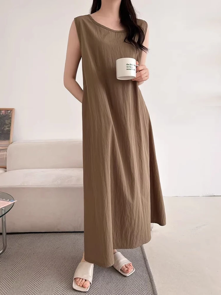 

Summer Sleeveless Dress Women's Casual O-neck Beach Dresses With Pocket High-end Solid Color Frock Korean Loose Commuter Dress