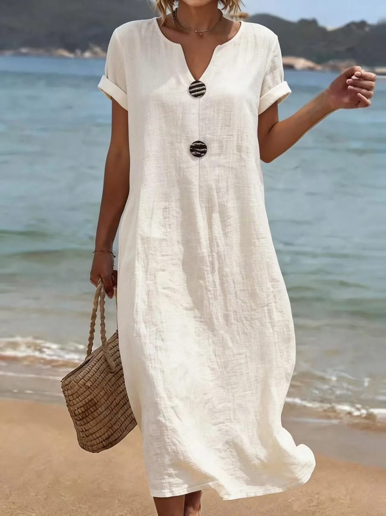 

Women's Dress 2026 Spring Summer New Solid Color V-Neck Short Sleeve Loose Fit Casual Beach Vacation Long Dress