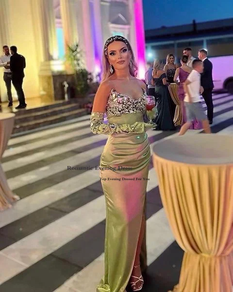 Romantic Luxury Sexy Green Satin Gloves Evening Dress Sparkly High Side Slit Beading Prom Gowns High Side Slit Club Party Gown