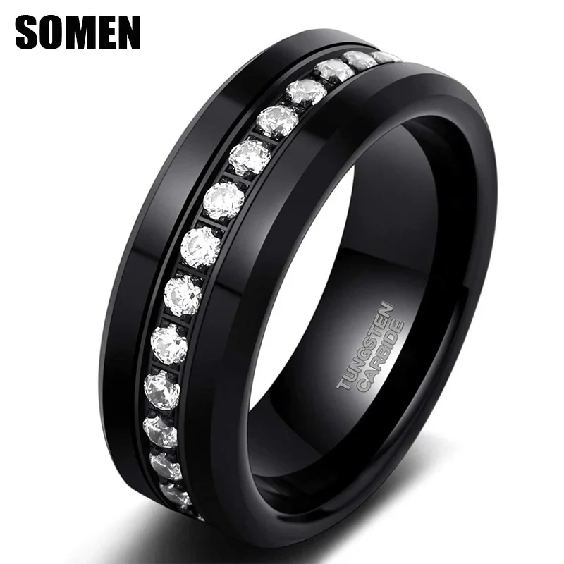 Tigrade 8mm Mens CZ Rings Black Tungsten Wedding Band Simulated Diamond Inlay Channel Set Comfort Fit Ring for Male Jewelry