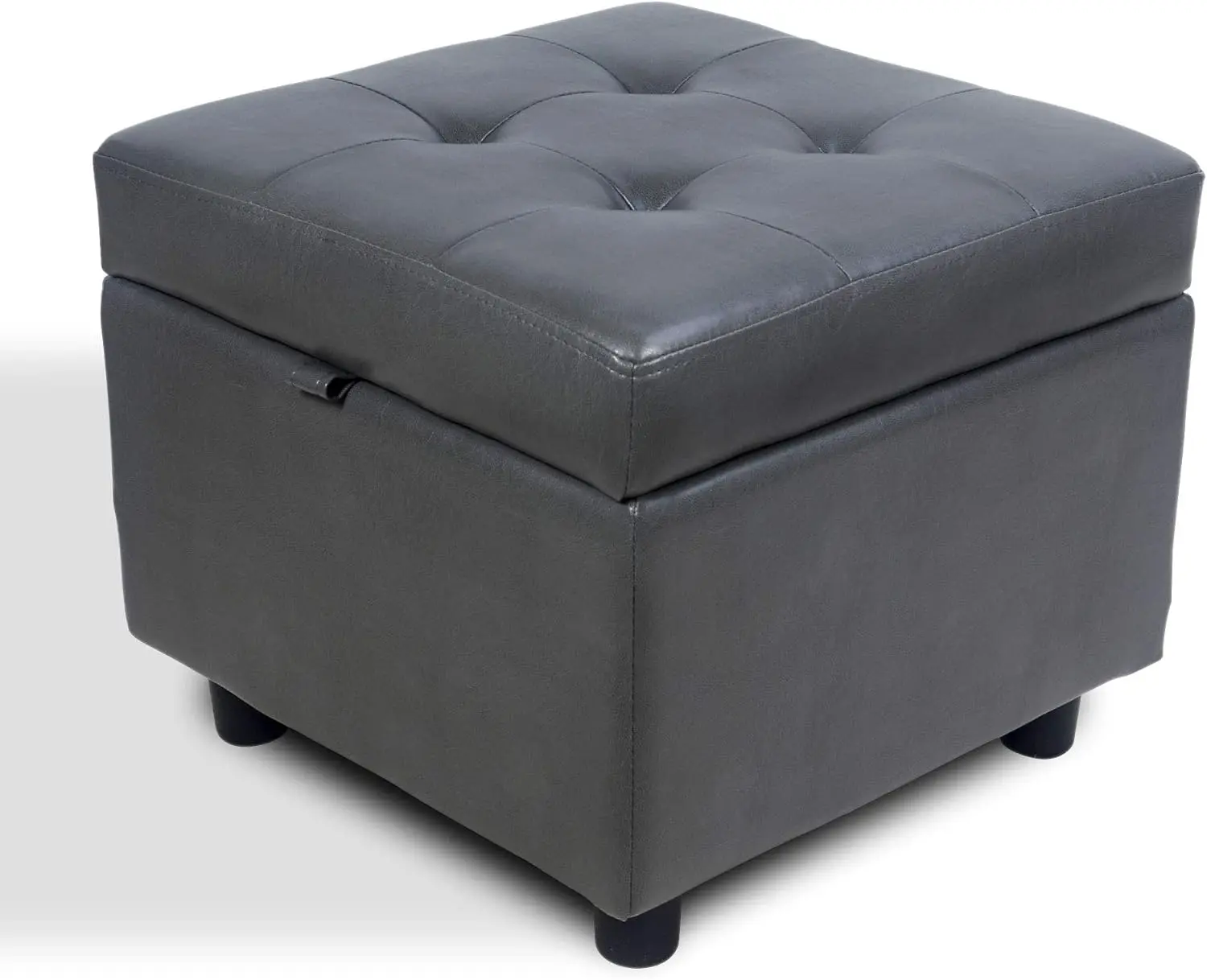 Tufted Leather Square Flip Top Storage Ottoman Cube Foot Rest (Grey with Storage)
