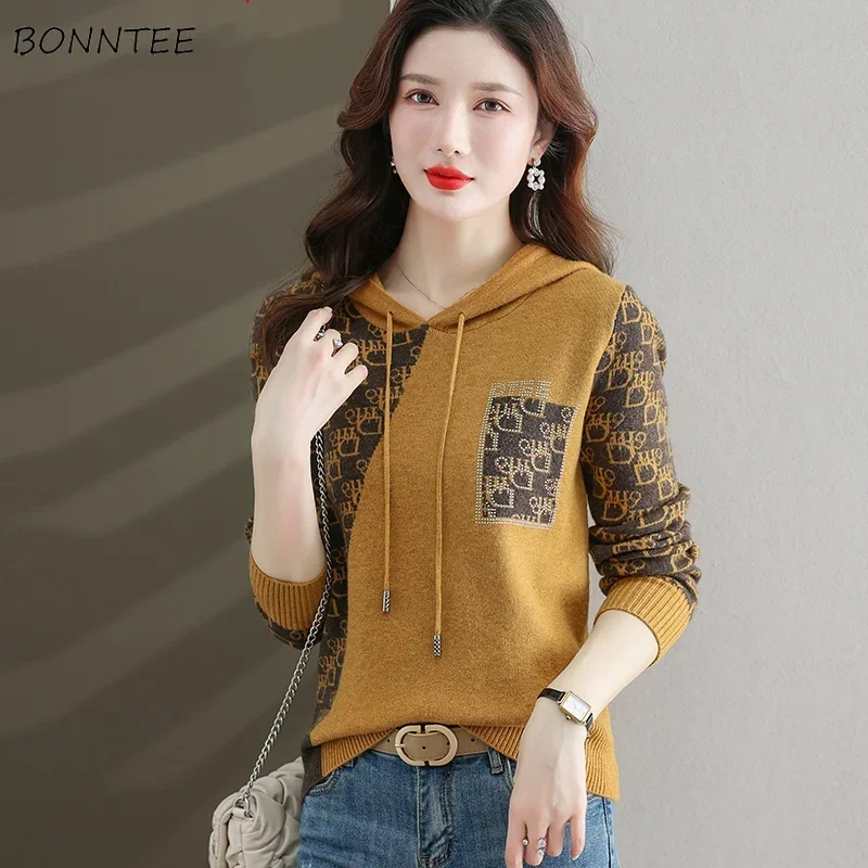 

Hooded Sweaters Women Contrast Color Knitted Pullovers Корейская Мода Vintage All-match Letter Print Свитер Женский Elegant New
