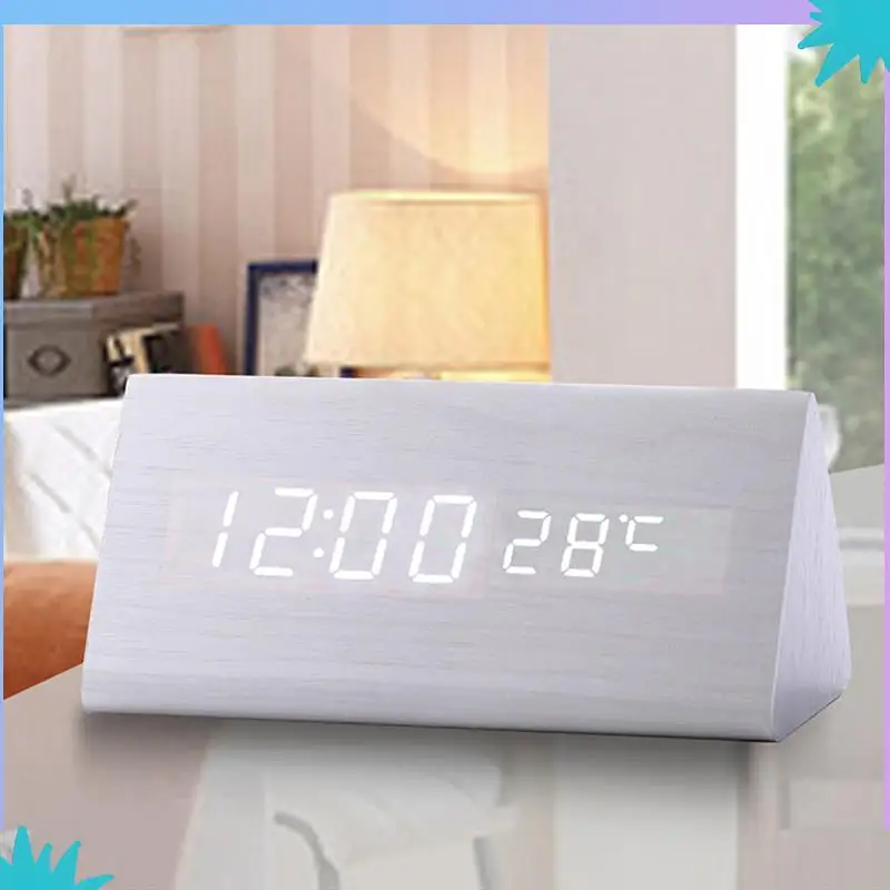 ABZW Digital Clock Wooden Sound Control LED Alarm Clock With Temperature USB Desktop Clocks Snooze