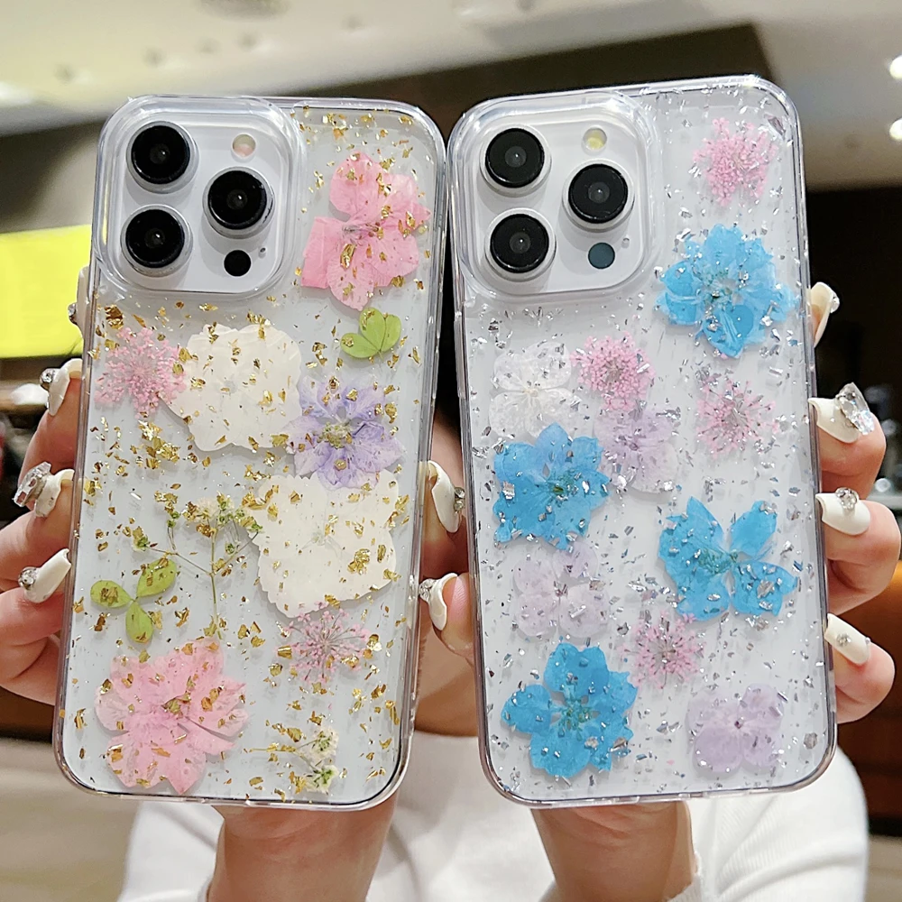 Gold Foil Real Dried Flowers Phone Case For iPhone 16 15 14 13 Pro Max Plus Waterproof Cover Aesthetic Clear Mobile Case