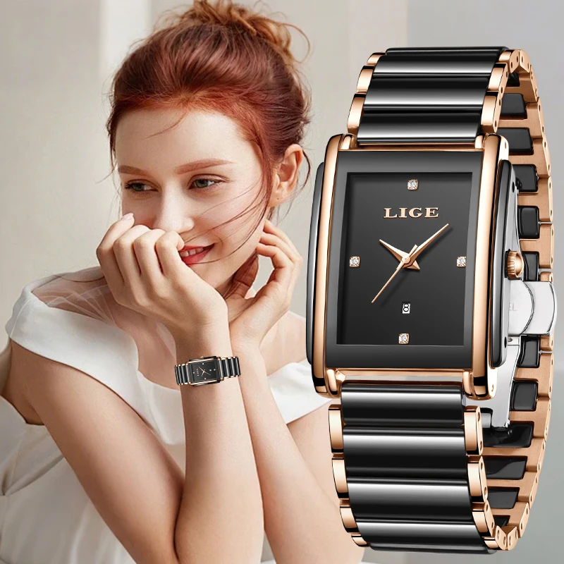 LIGE Elegant Fashion Woman Watch Luxury Simple Square Classic Casual Ceramic Auto Date Ladies Quartz Women's Wristwatches Reloj