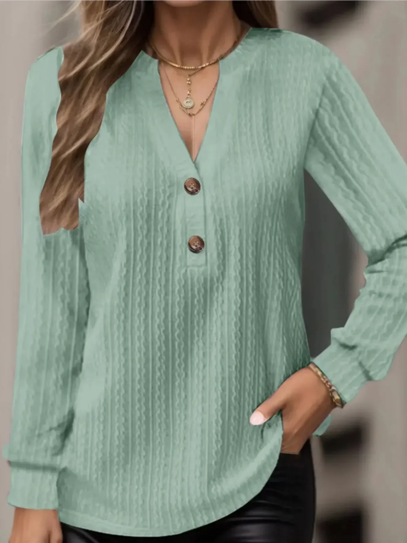 Classic Long Sleeved Shirts Women 2023 Button V Neck Long Sleeve Lady Autumn Large Size Blouse Textured Tops 5XL