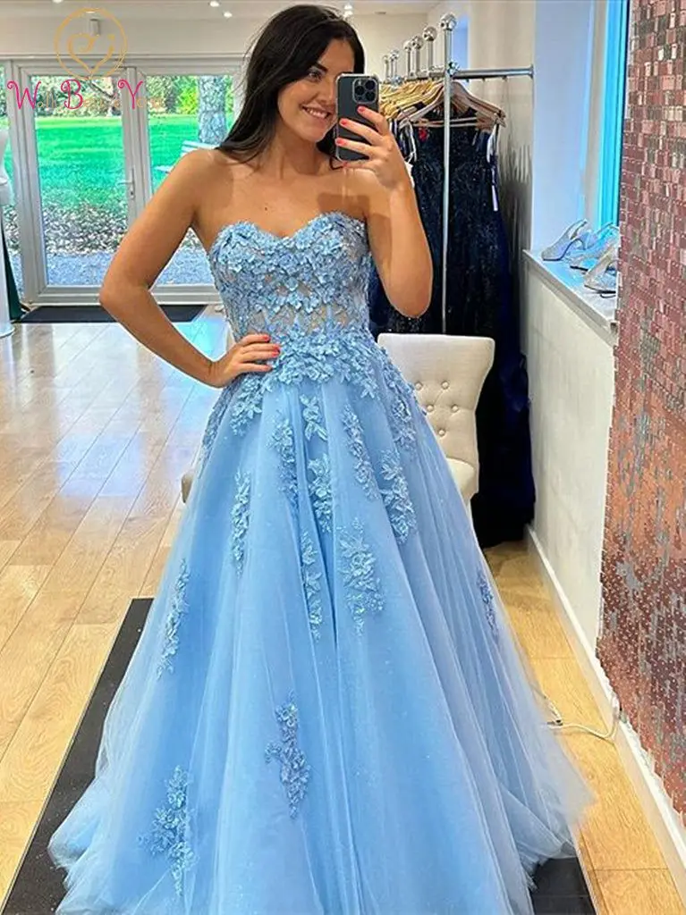 

Evening Dresses Long Luxury 2023 Party Gown Lace Applique Beaded Sweetheart Strapless Tulle Illusion Prom Dresses Custom made