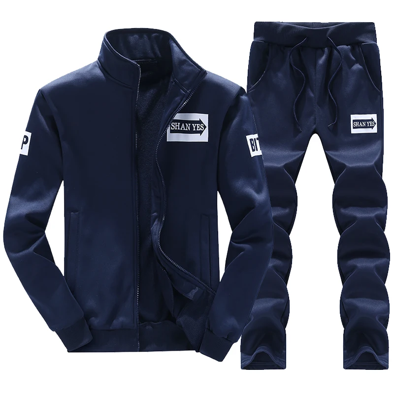 Male Casual Sports Tracksuit 2 Piece Set Letter Patch Stand Collar Zip Jacket Drawstring Sweatpants Men Jogging Outfit