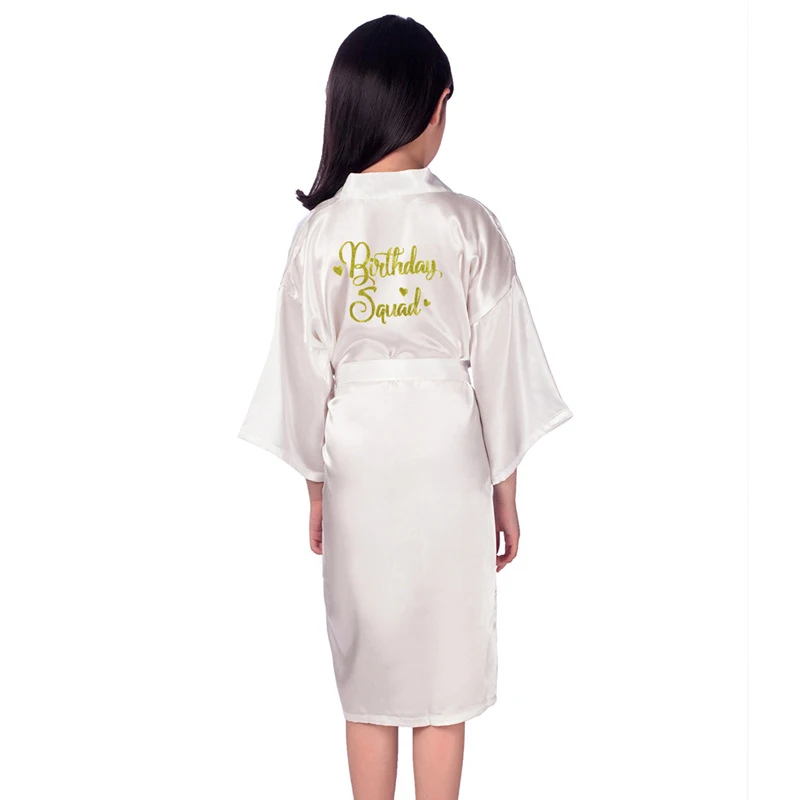 Wholesale Birthday Squad Gold Glitter Letter Girl Robes Satin Pure Color Kimono Bathrobes for Spa Wedding Birthday Party L329