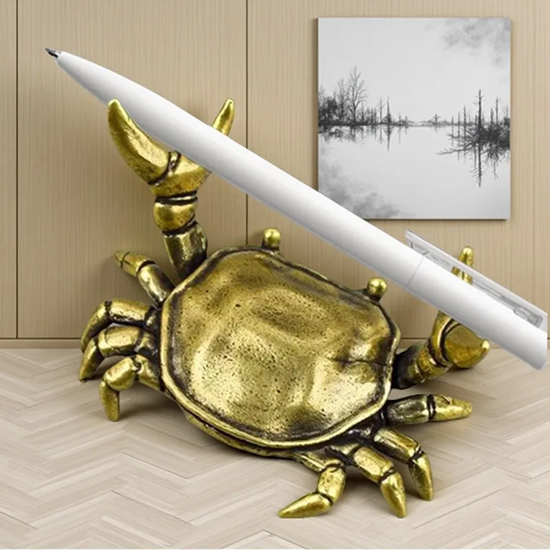 Brass Lobster Figure Vintage Metal Crayfish Statue Desktop Pen Holder Stand Collectible Hand Model Retro Tabletop Decor Ornament