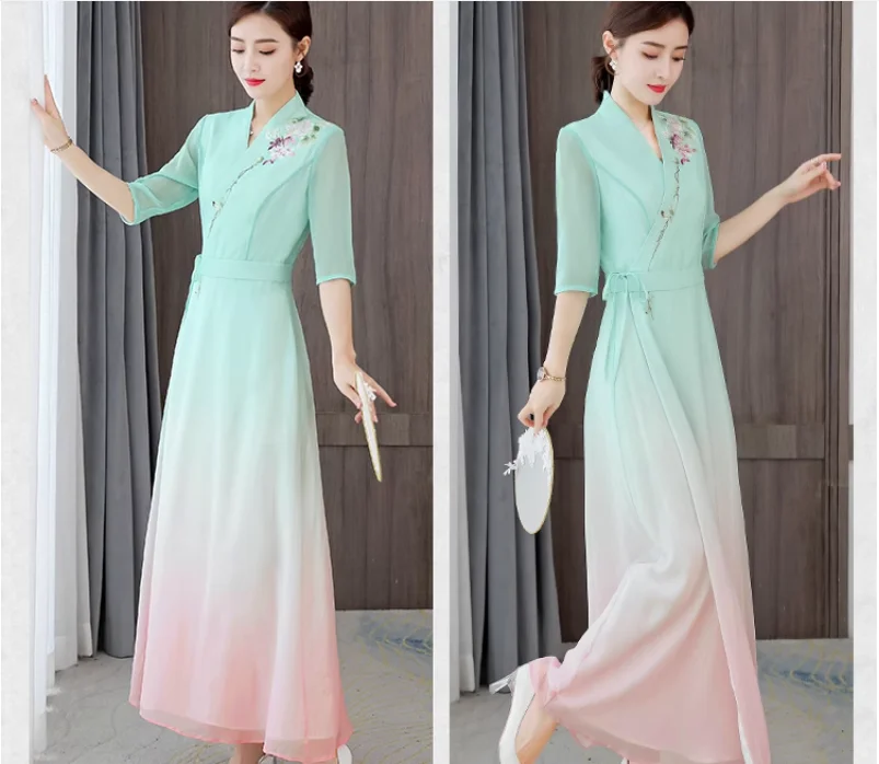 

Hanfu Improves Chinese Style Summer Qipao Dress, Retro Chinese Tea Suit