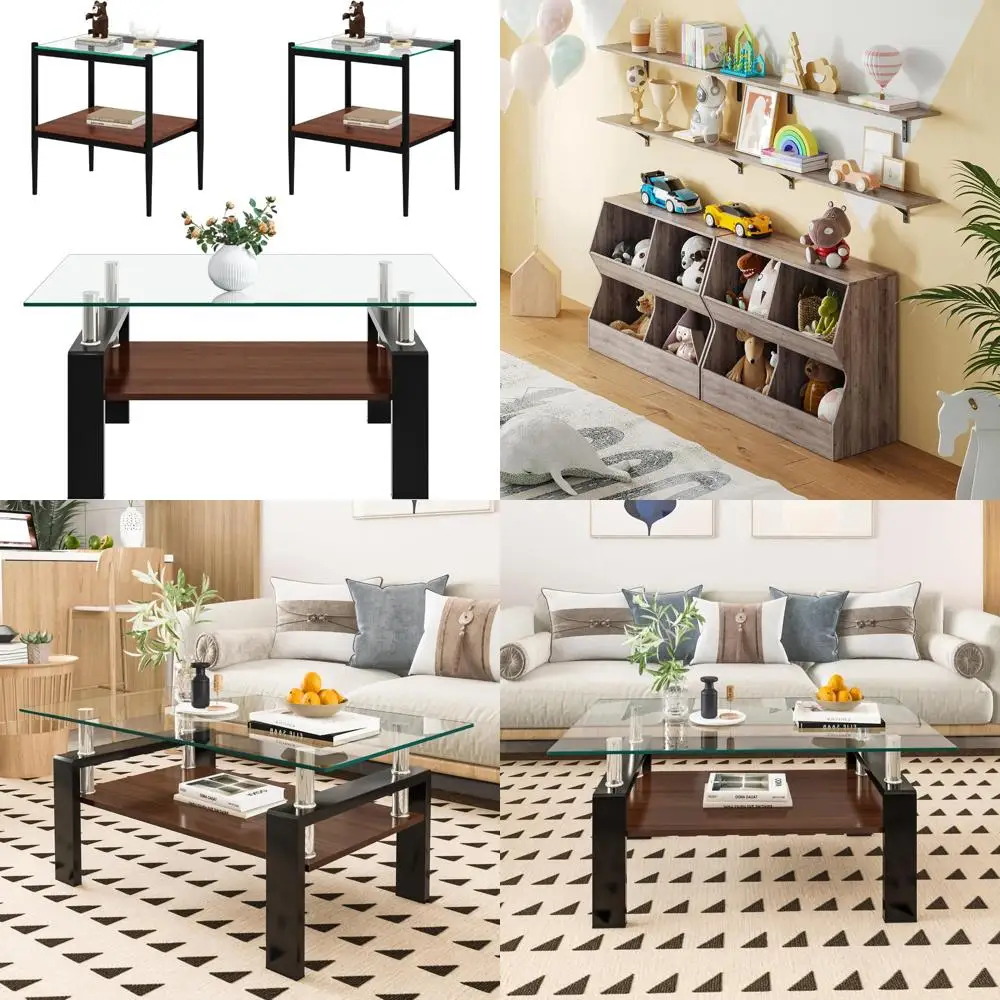 Contemporary Glass Coffee and End Tables Trio, Living Room Furniture Set with Walnut-Tone MDF, 39 Rectangular Clear Glass Tops