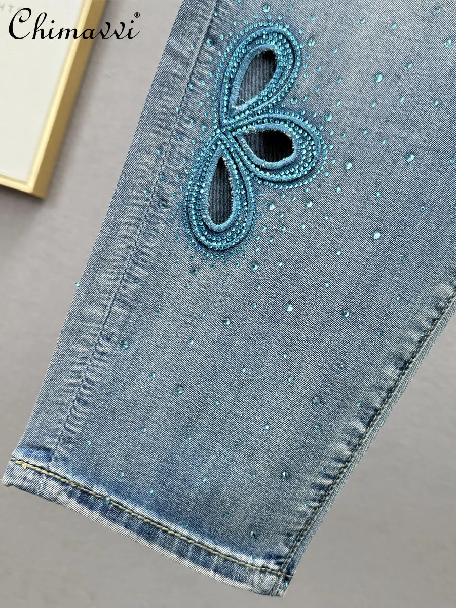 패션 할로우 핫 다이아몬드 데님 Harlan 바지 여성 봄, 여름 새로운 무거운 높은 허리 느슨한 슬림 맞는 9 점 바지