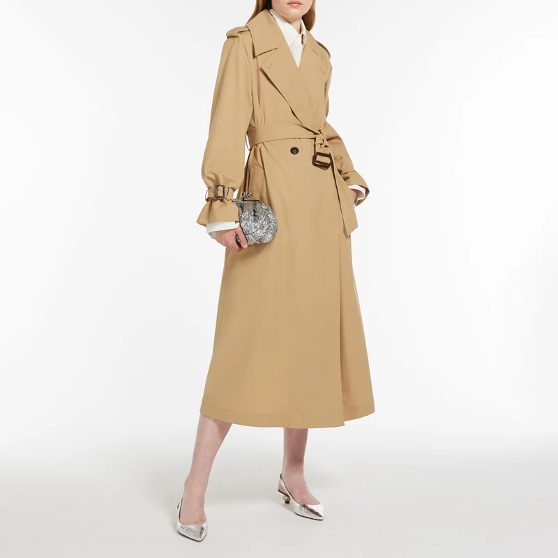 Classic Ankle-Length Khaki Women's Trench Coat – Double-Breasted Waistband, Elegant Custom Warm Casual Windbreaker