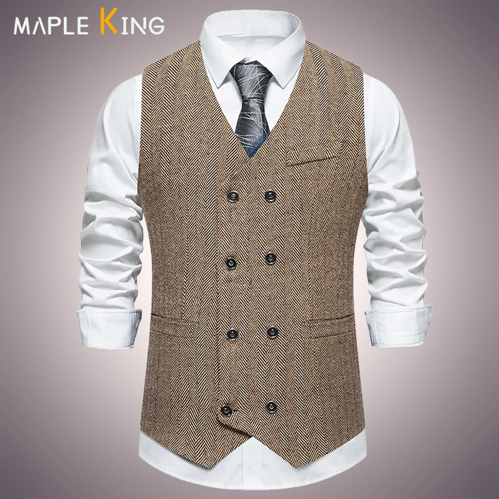 

Mens Double Breasted Suit Vest Chaleco Formal Korean Herringbone Tweed Cowboy Vest for Men Waistcoat Wedding Gilet Homme Costume