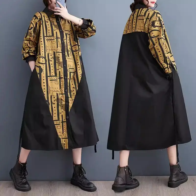 

2024 Spring And Autumn Loose Printed Irregular Splicing Thin style Windbreaker Jacket Casual Fashion Ribbon Shirt Dress K2138