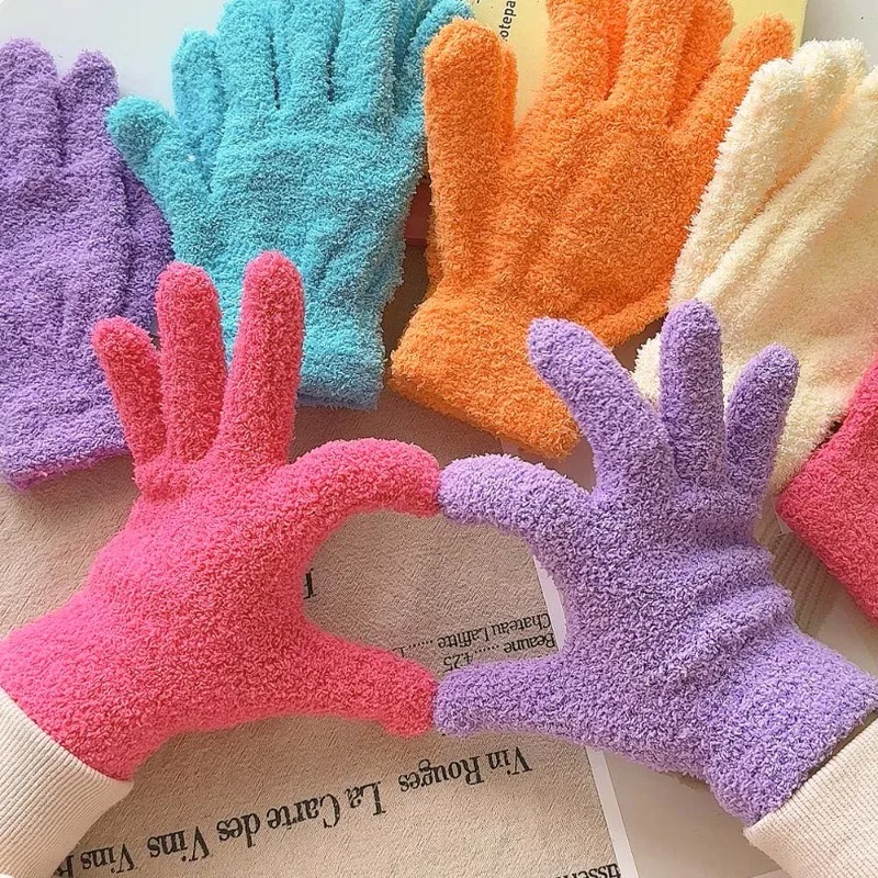 Guantes de terciopelo Coral a la moda para mujer, manoplas cálidas gruesas de felpa esponjosa y coloridas para invierno, guantes de cinco dedos a prueba de frío para exteriores para niñas