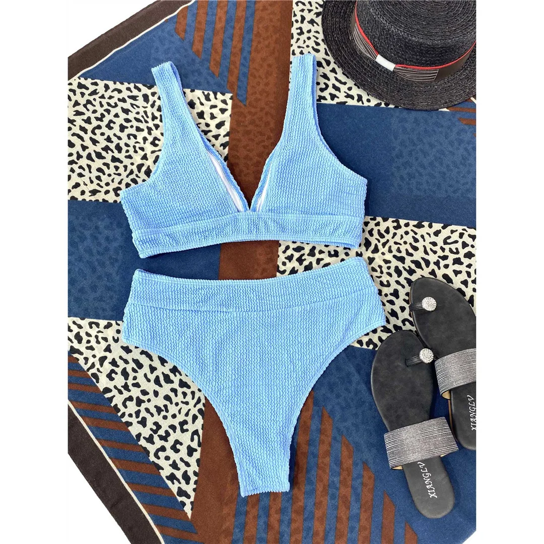 Gefalteter, geraffter Damen-Badeanzug mit V-Ausschnitt, hochtaillierter Bikini, zweiteiliges Bikini-Set, Badebekleidung, Badeanzug, Modell V3590. – Detail 31