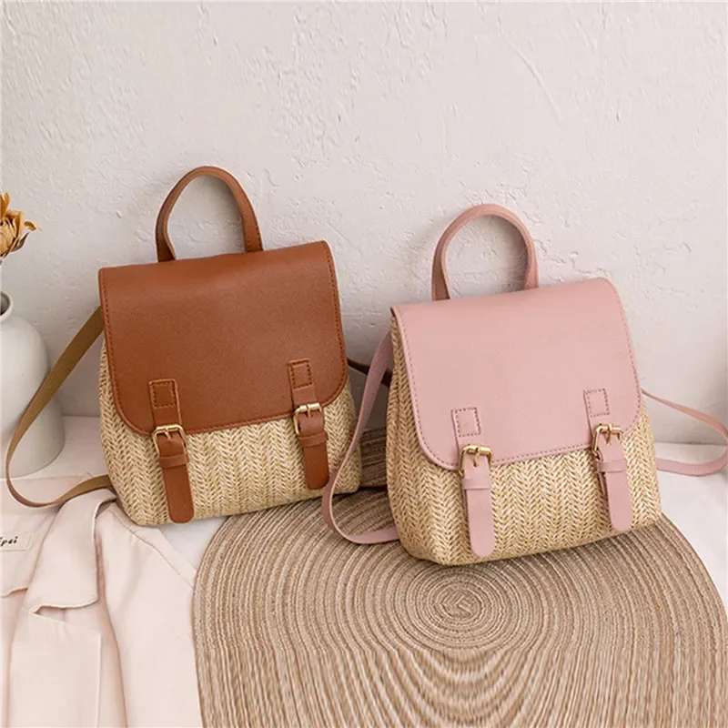 Fashion Women's Shoulder Bag Vintage Straw Woven Bag PU Leather Shoulder Bag Elegant Luxury Versatile Designer Backpack Mochilas