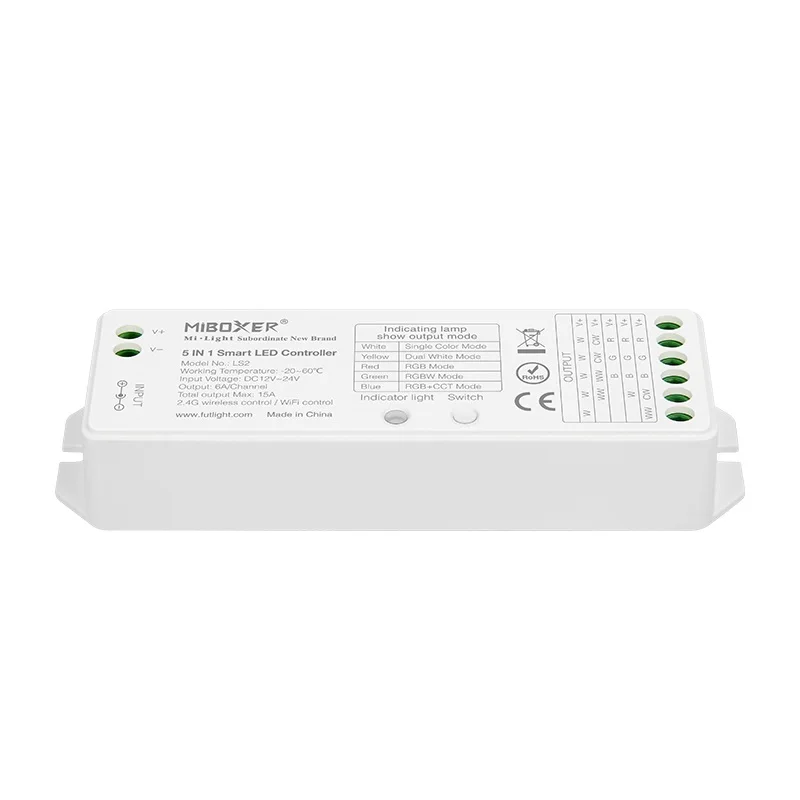 

Miboxer LS2 5 IN 1 Smart Led Controller 2.4G Wireless Max 15a For Single color, CCT, RGB, RGBW, RGB+CCT Led Strip Blub