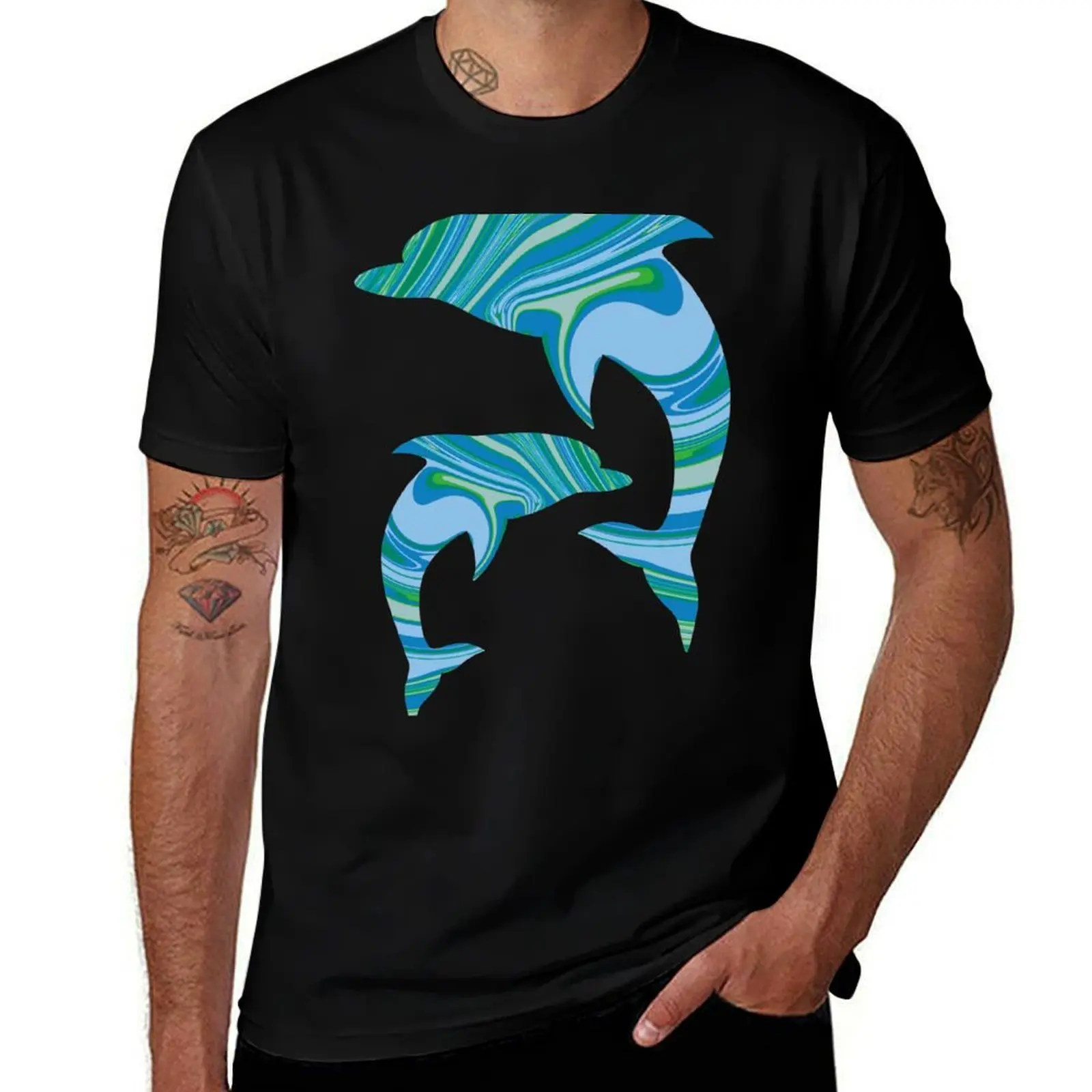 #1 Dolphins - Fun Blue and Green Tie Dye Animal Silhouette Pattern T-Shirt Urban Style Print T-Shirt