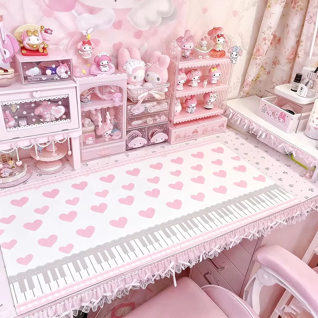 Leather Desk Pad Protector Cute Pink Girl Piano Key Love Heart Mouse Pad Office Desk Mat Waterproof Non-Slip PU Desk Blotter Pad