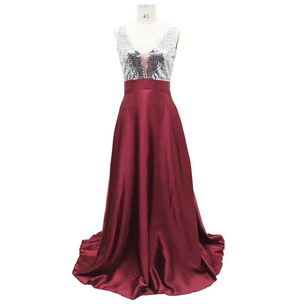 فستان نسائي للحفلات المسائية من الخرز اللامع بدون أكمام من الساتان الأحمر عالي الخصر فساتين طويلة ثوب حفلة ترتر فستان رسمي