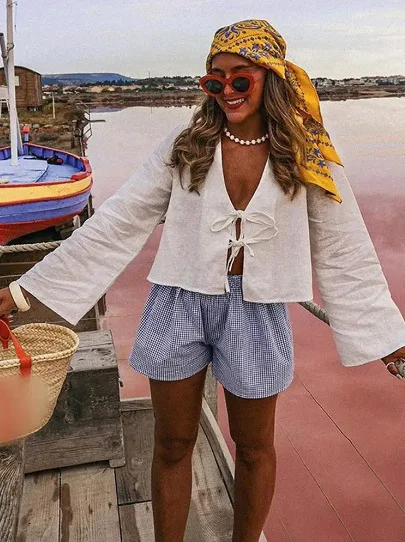 

Летние белые рубашки на шнуровке KIDCRKJ для женщин, элегантные свободные блузки с длинными рукавами и V-образным вырезом, однотонные повседневные уличные шикарные женские топы