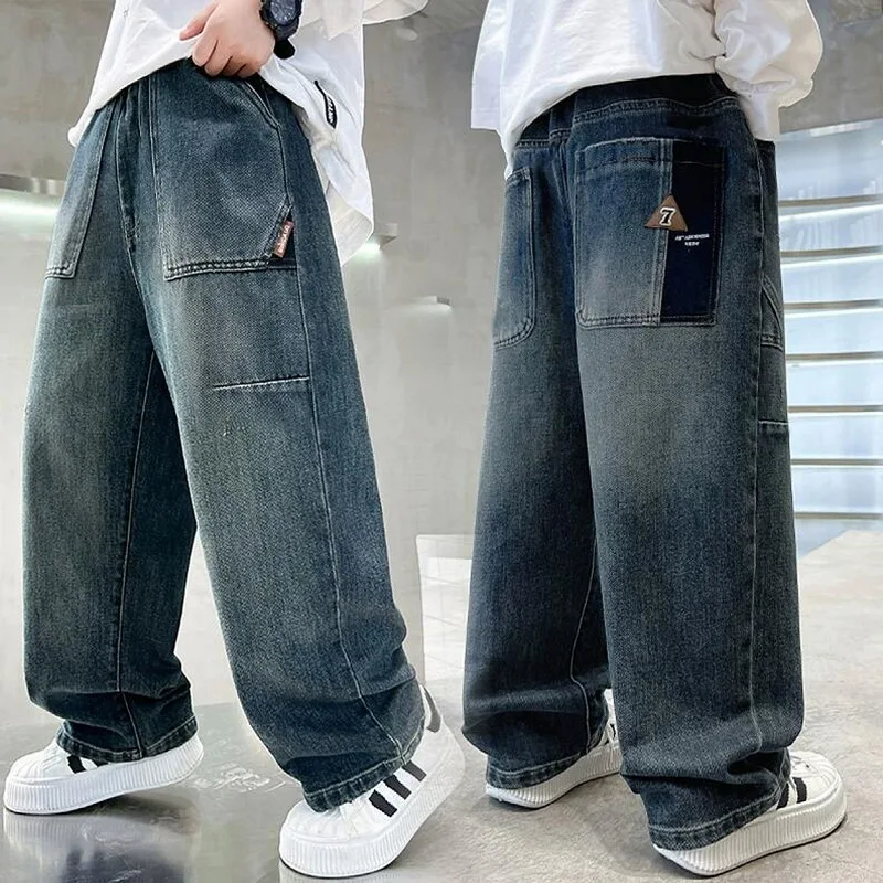 Classic Kids Loose Straight Jeans For Tweens Boys Luxury Relaxed Fit Denim Pants With Letter Pocket Child Dark Blue Trousers