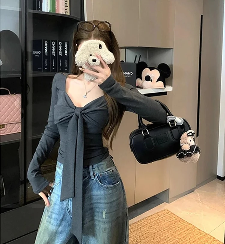 

Early Spring New Year Slimming Brued Women's Faion Commute Sle Korea Top Red V-Ne Long Sve T-sirt with Knot