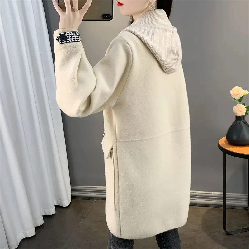 Advanced Apricot Thickened Korean Double Sided Nylon Coat Women 2023 Autumn/Winter Mid Length Double Breasted Woolen Jacket Lady