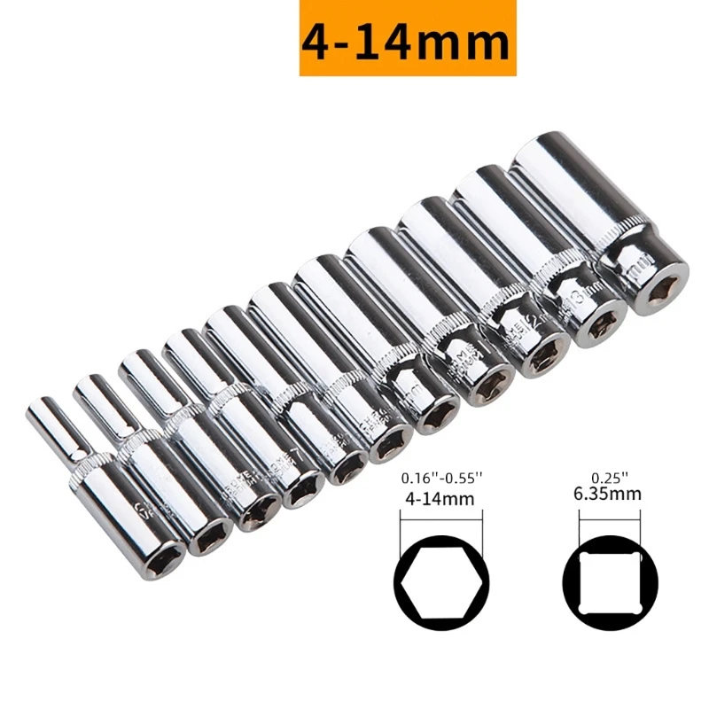 11Pcs 1/4 "6.35mm Drive Socket Set Hexagonal Ratchet Chaves Soquete Cabeça Longa Chave Soquete Conjunto Mão Ferramenta de Reparação Drop Ship