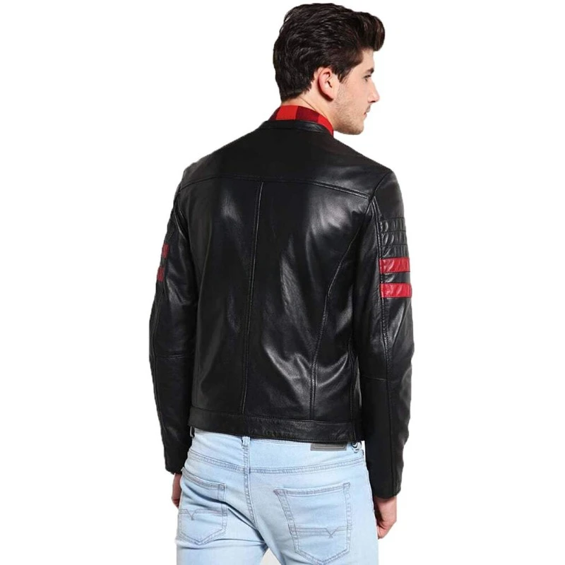 Chaqueta de cuero auténtico de piel de cordero auténtica para hombre, abrigo negro con tira de jinete elegante