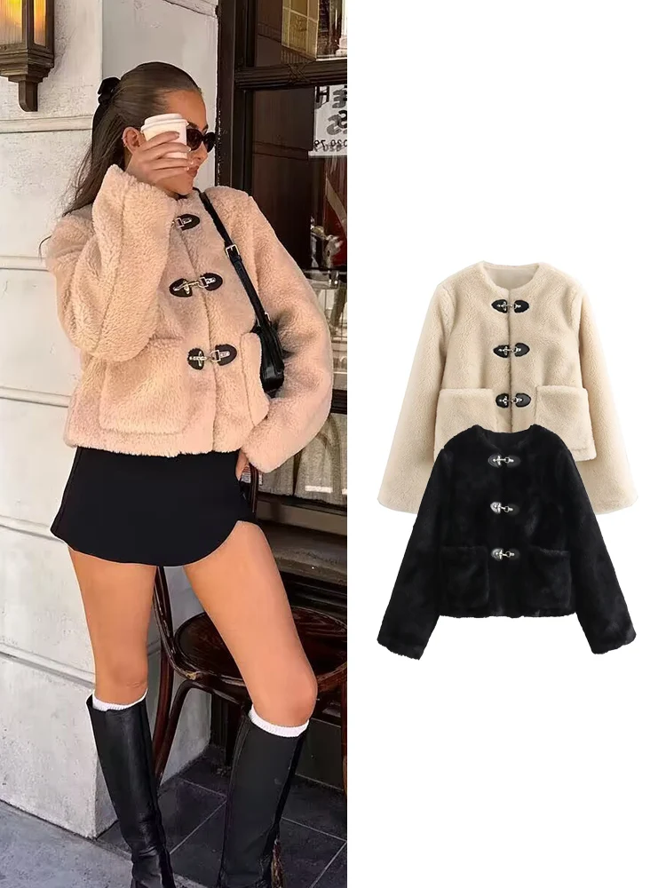 

Fashion Women Thick Warm Faux Fur Jacket Women Long Sleeve Coat Front Pocket Casual Outerwear Chic Ladies Winter Short Coats