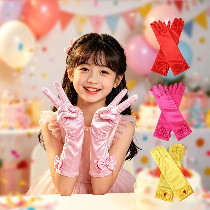 4-9-Year-Old Ice and Snow Qiyuan Butterfly Knot Fairy Tale Princess Gloves Children's Stage Performance Colored Gloves