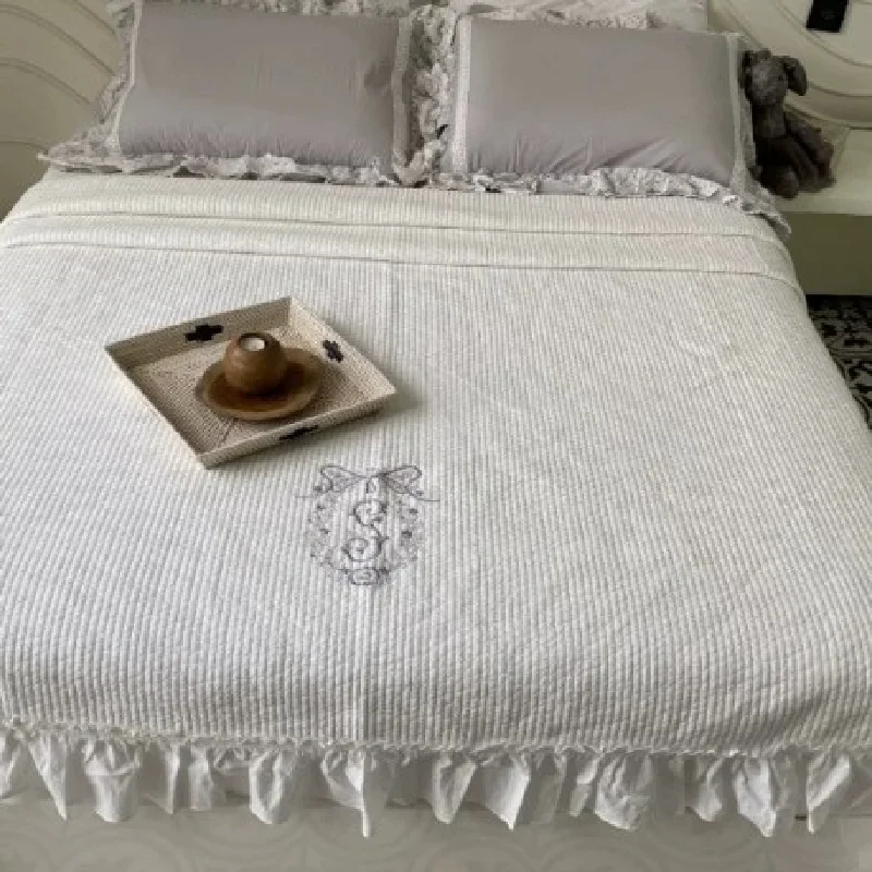 60s High Density Cotton Quilted Bedspread Set 3Pcs | Soft Ruffled Embroidered Coverlet | Solid Color Lightweight Bedding Cover